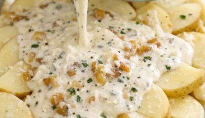 Pour this 1 creamy pour-over over potatoes into a glass casserole dish for a cozy winter supper that’s absurdly satisfying